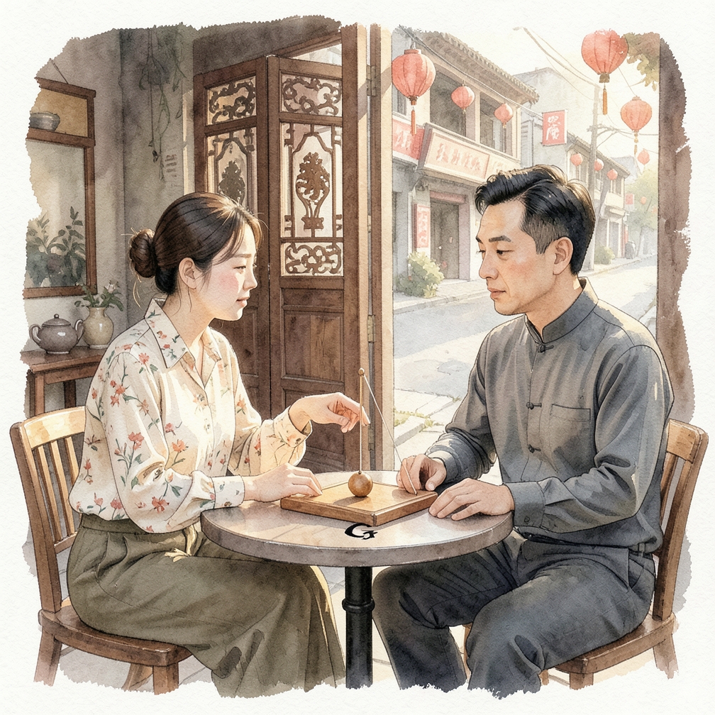 将双手的食指和中指放在灵摆上