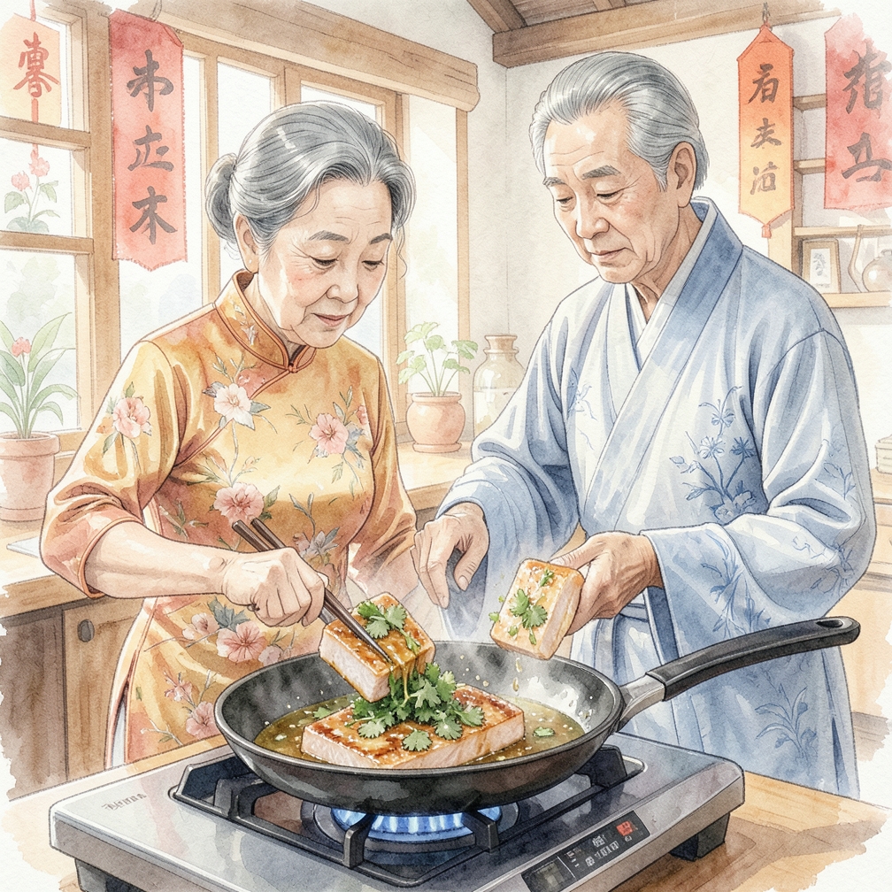 用芝麻油和香菜涂抹金槍魚塊
