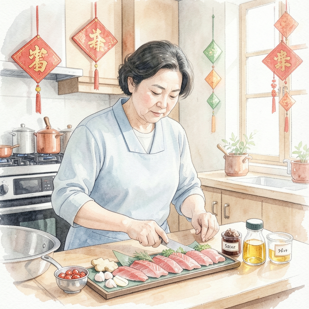 添加生姜、紫蘇葉和一小團山葵