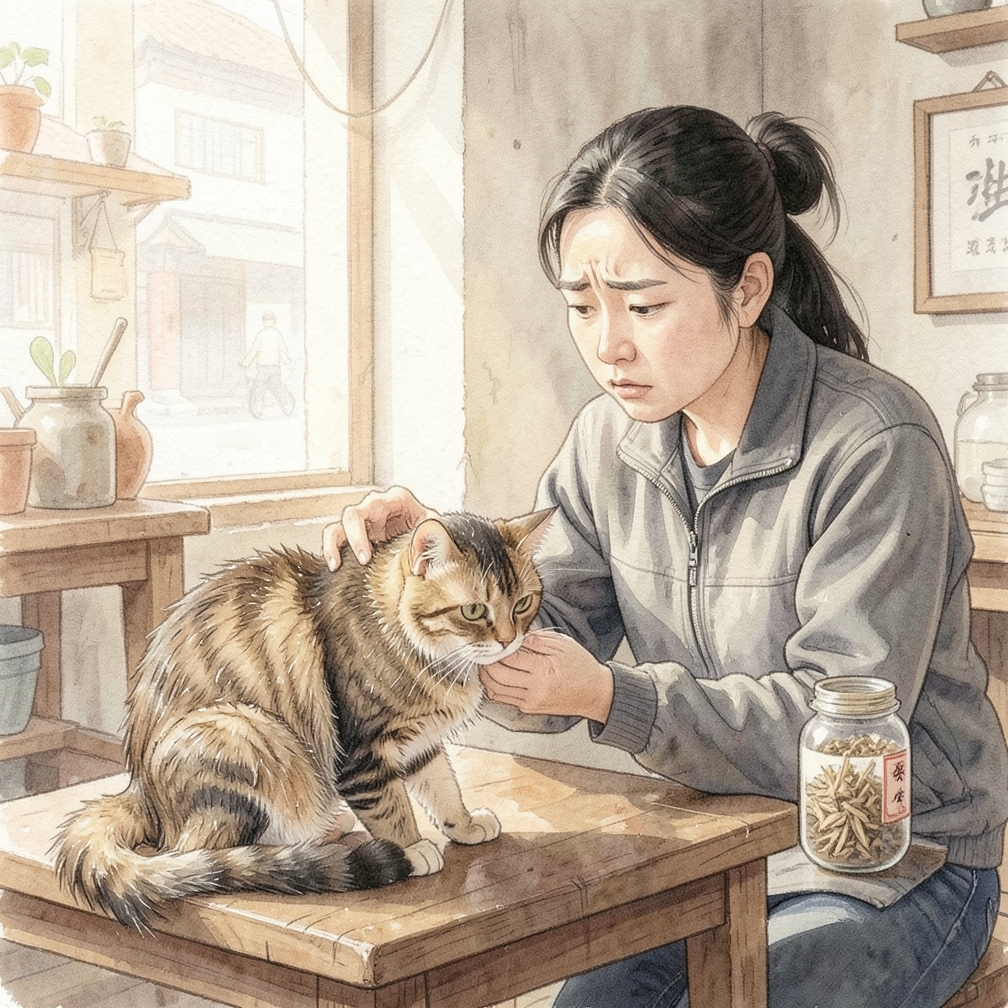 觸摸貓咪的毛發，看是否油膩