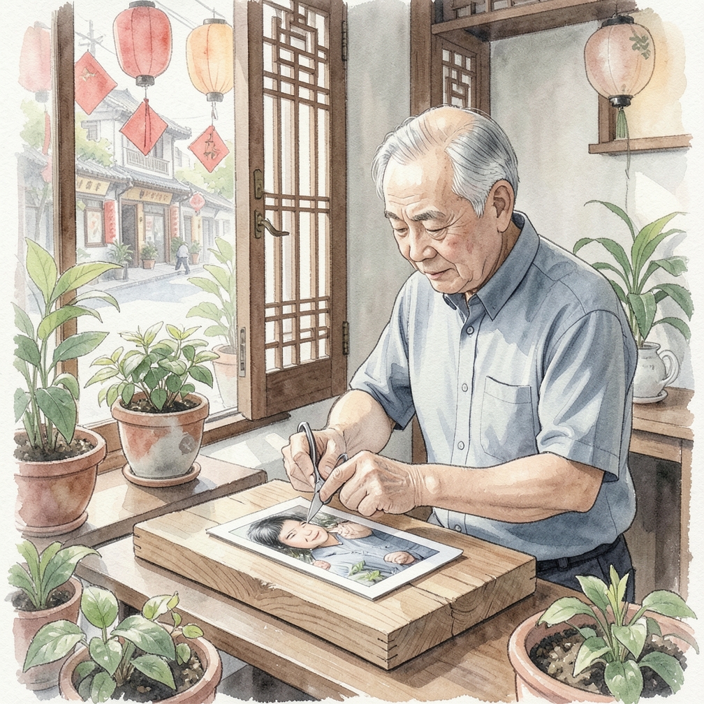 将打印的照片剪成与木头相同大小